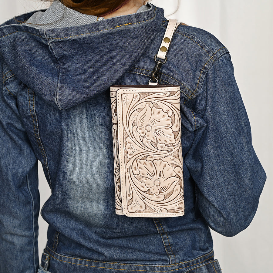 American Darling Western Leather Clutch Wallet Hand Tooled Floral Carved with Wristlet Strap