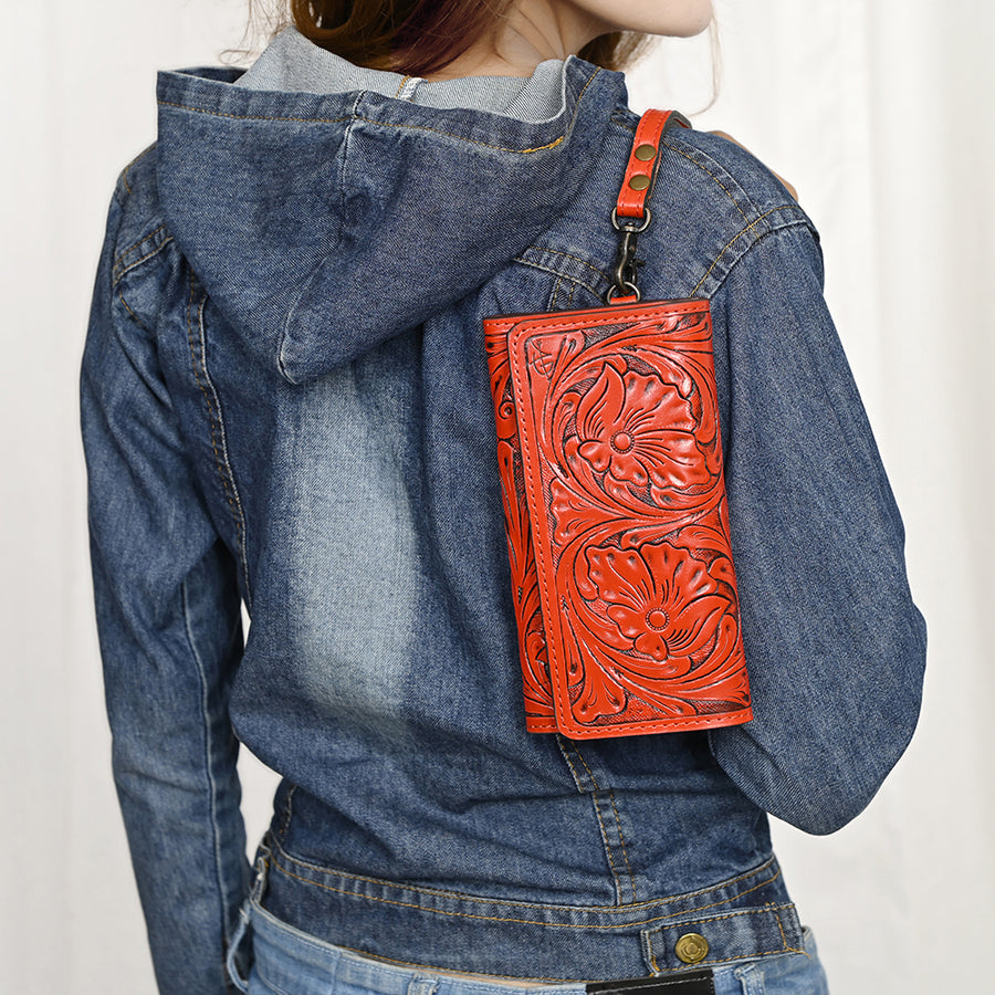 American Darling Western Leather Clutch Wallet Hand Tooled Floral Carved with Wristlet Strap