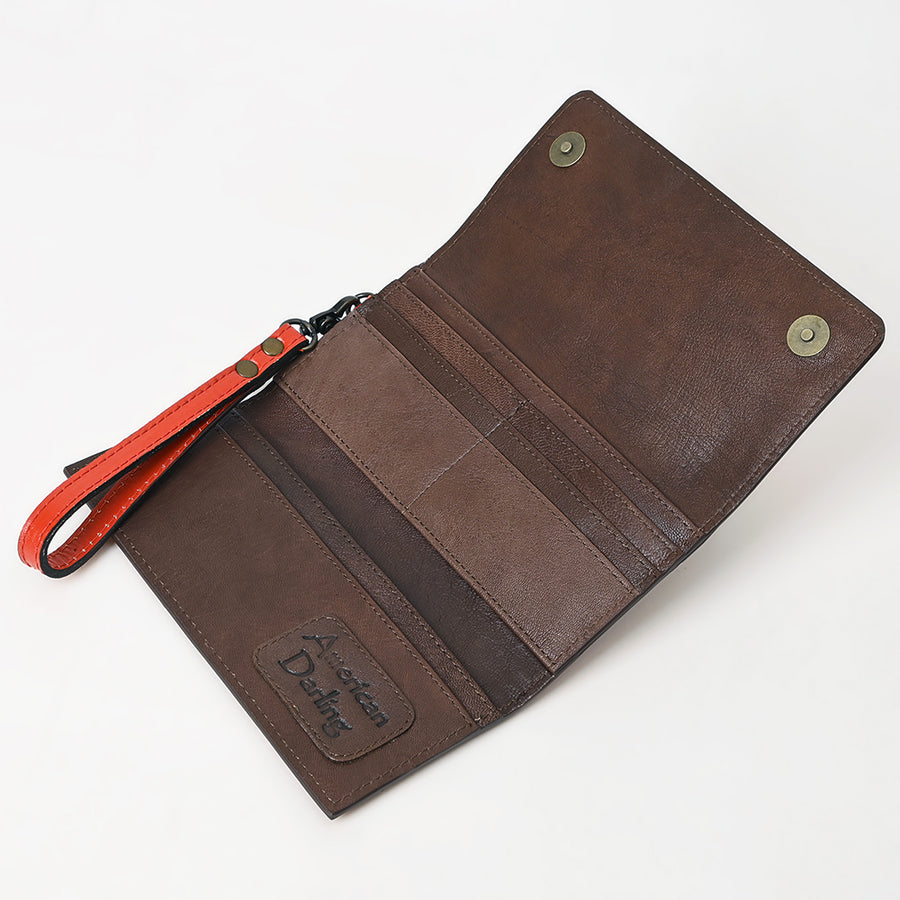 American Darling Western Leather Clutch Wallet Hand Tooled Floral Carved with Wristlet Strap