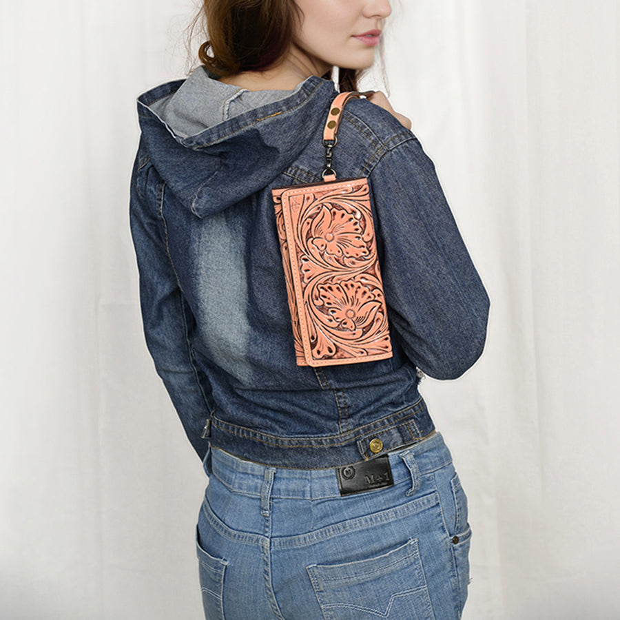 American Darling Western Leather Clutch Wallet Hand Tooled Floral Carved with Wristlet Strap