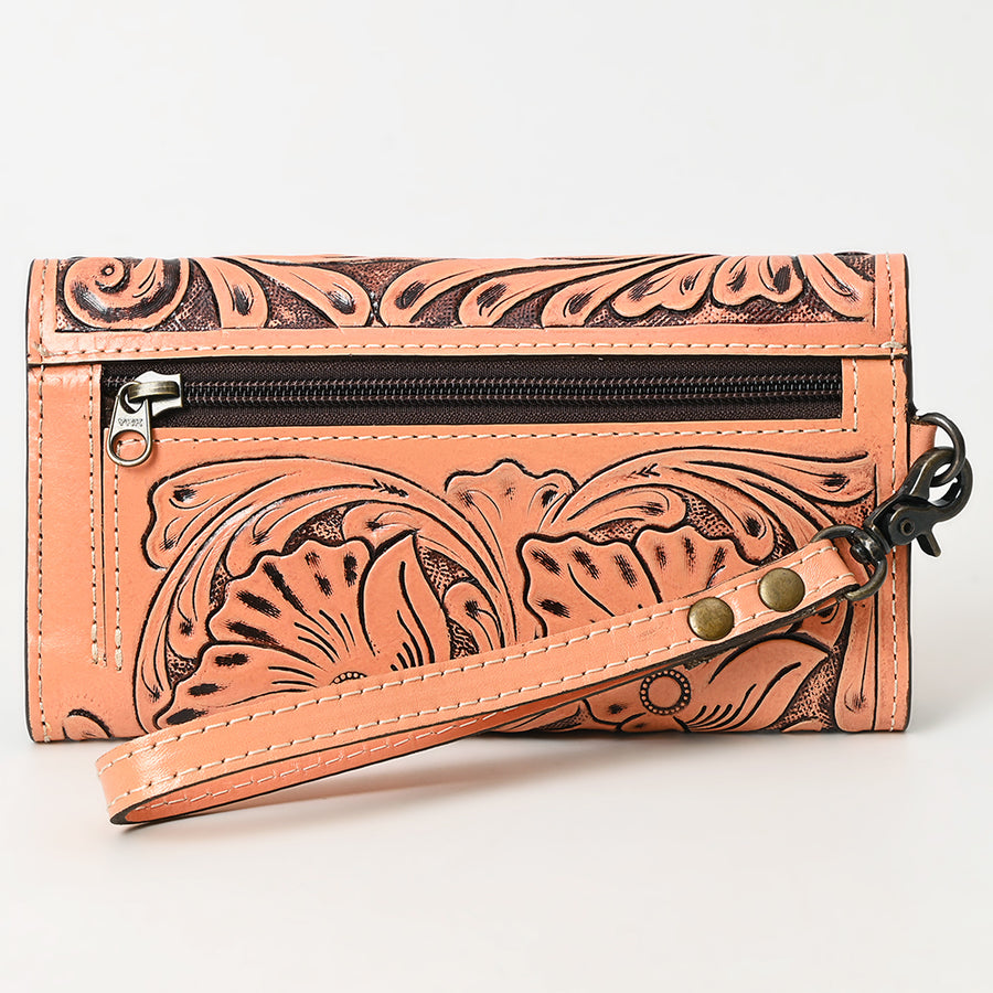 American Darling Western Leather Clutch Wallet Hand Tooled Floral Carved with Wristlet Strap