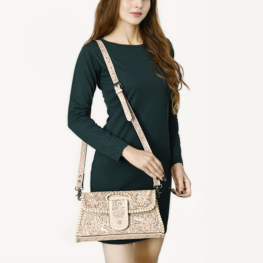 American Darling Western Leather Wallet Bag Hand Tooled Floral Carved Purse with Cutout Handle