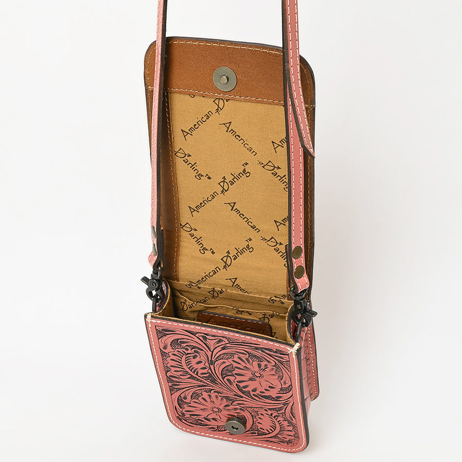 American Darling Western Leather Cell Phone Bag Hand Tooled Floral Carved Crossbody Purse with Adjustable Strap