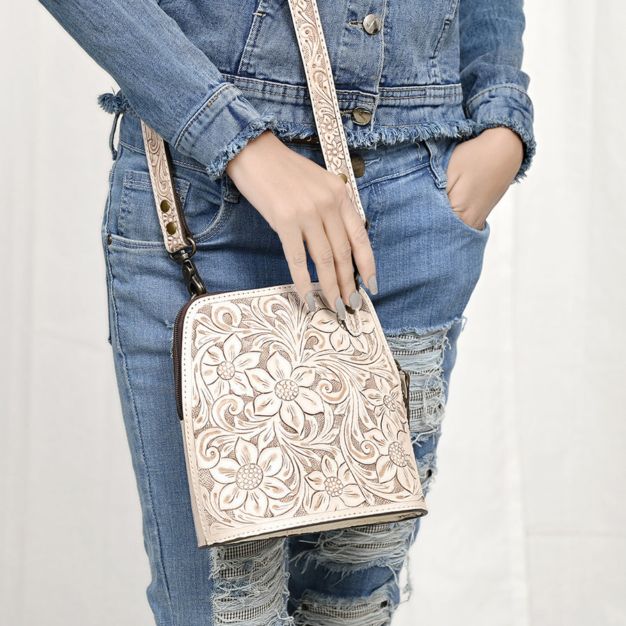 American Darling Western Leather Crossbody Bag Hand Tooled Floral Carved Purse with Adjustable Strap