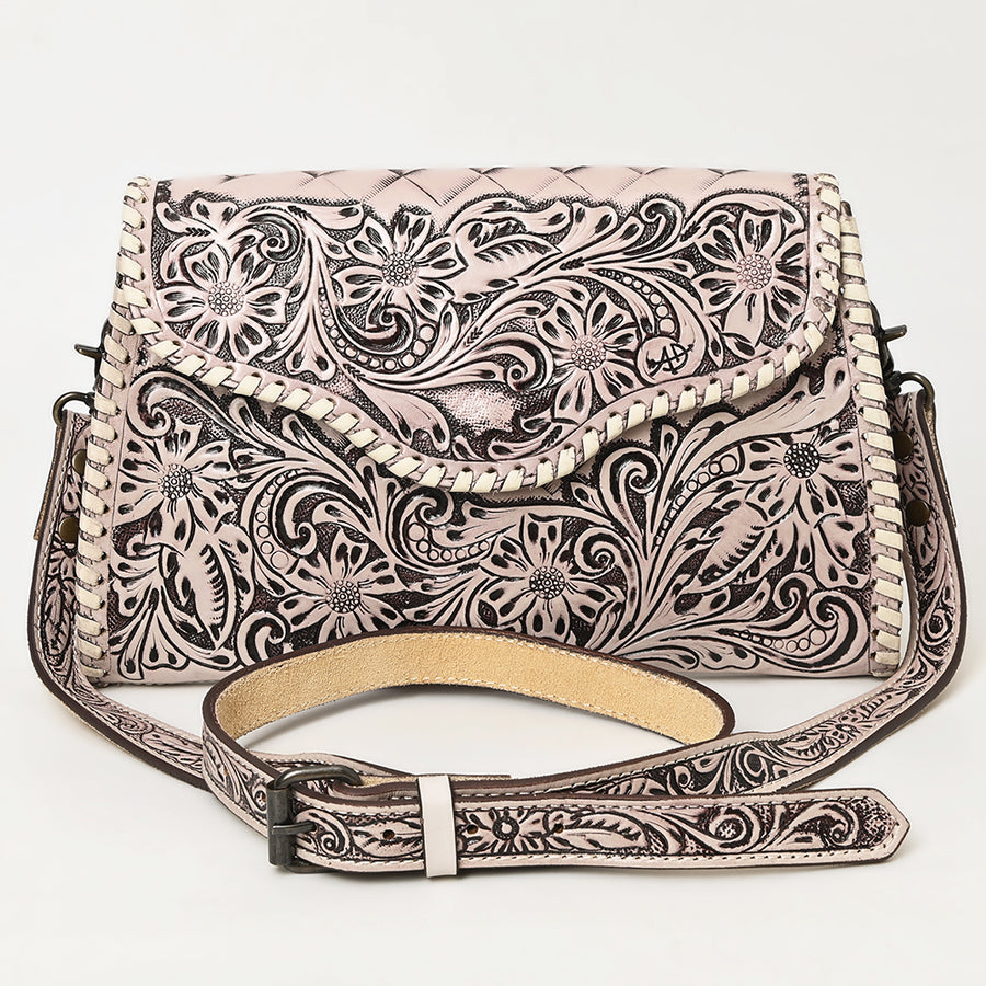 American Darling Western Leather Clutch Bag Hand Tooled Floral Carved Crossbody Purse with Whipstitch Detail