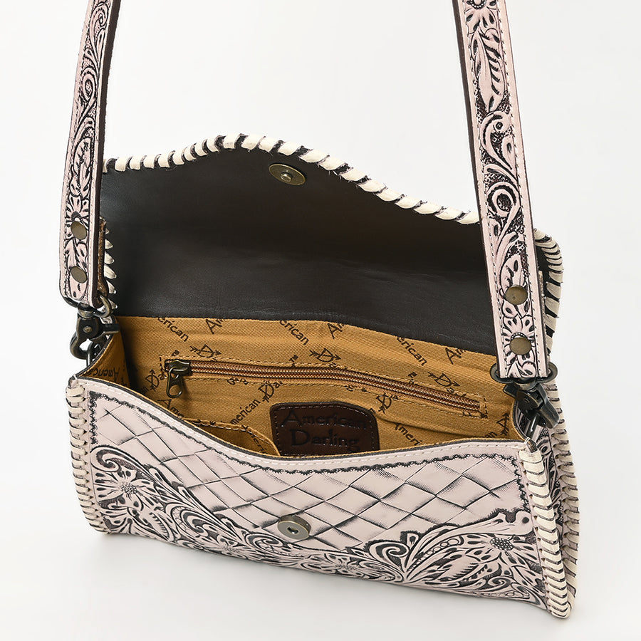 American Darling Western Leather Clutch Bag Hand Tooled Floral Carved Crossbody Purse with Whipstitch Detail