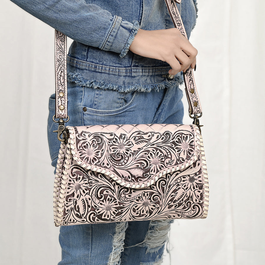 American Darling Western Leather Clutch Bag Hand Tooled Floral Carved Crossbody Purse with Whipstitch Detail