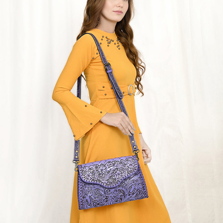 American Darling Western Leather Clutch Bag Hand Tooled Floral Carved Crossbody Purse with Whipstitch Detail