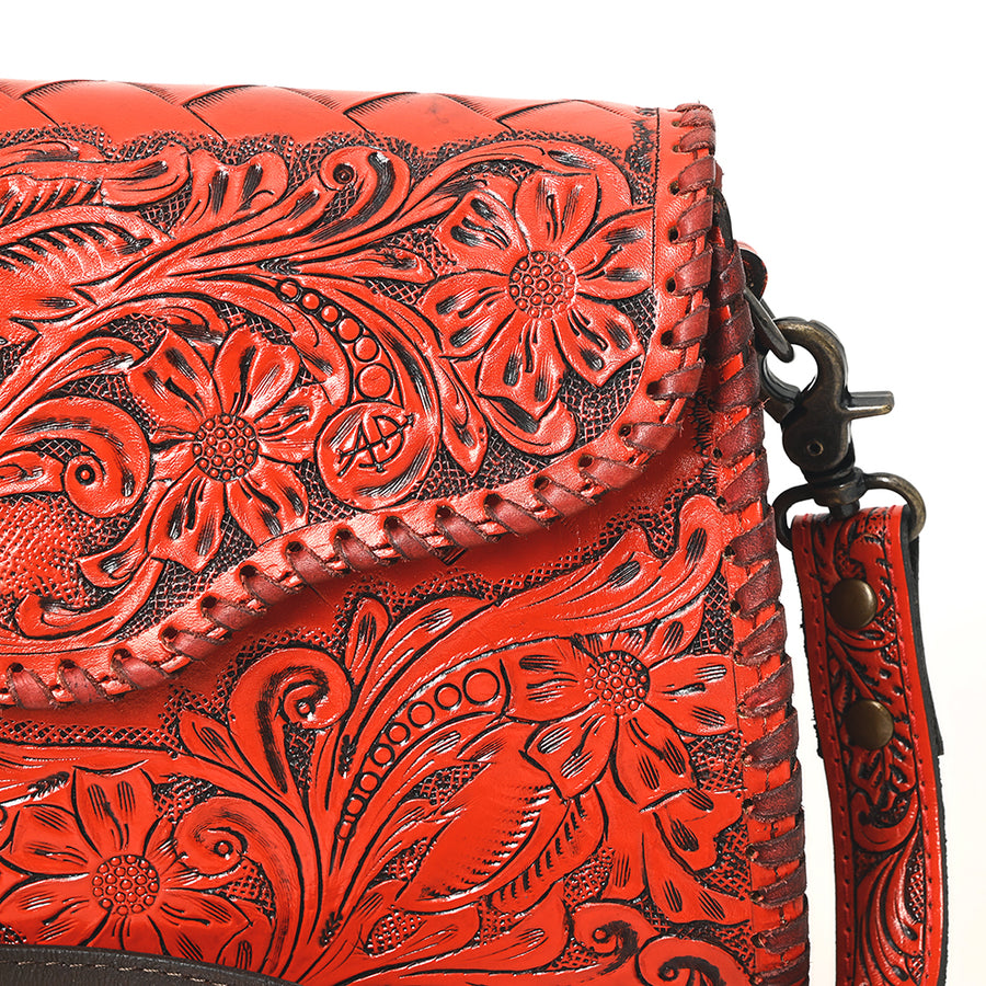 American Darling Western Leather Clutch Bag Hand Tooled Floral Carved Crossbody Purse with Whipstitch Detail