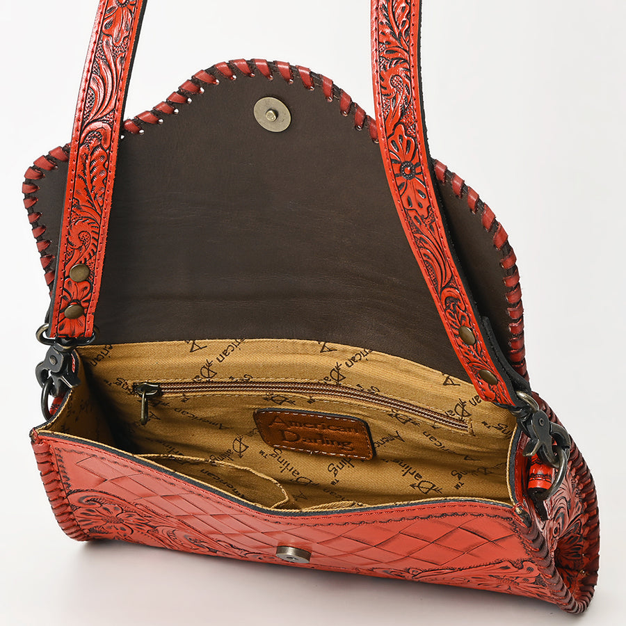 American Darling Western Leather Clutch Bag Hand Tooled Floral Carved Crossbody Purse with Whipstitch Detail