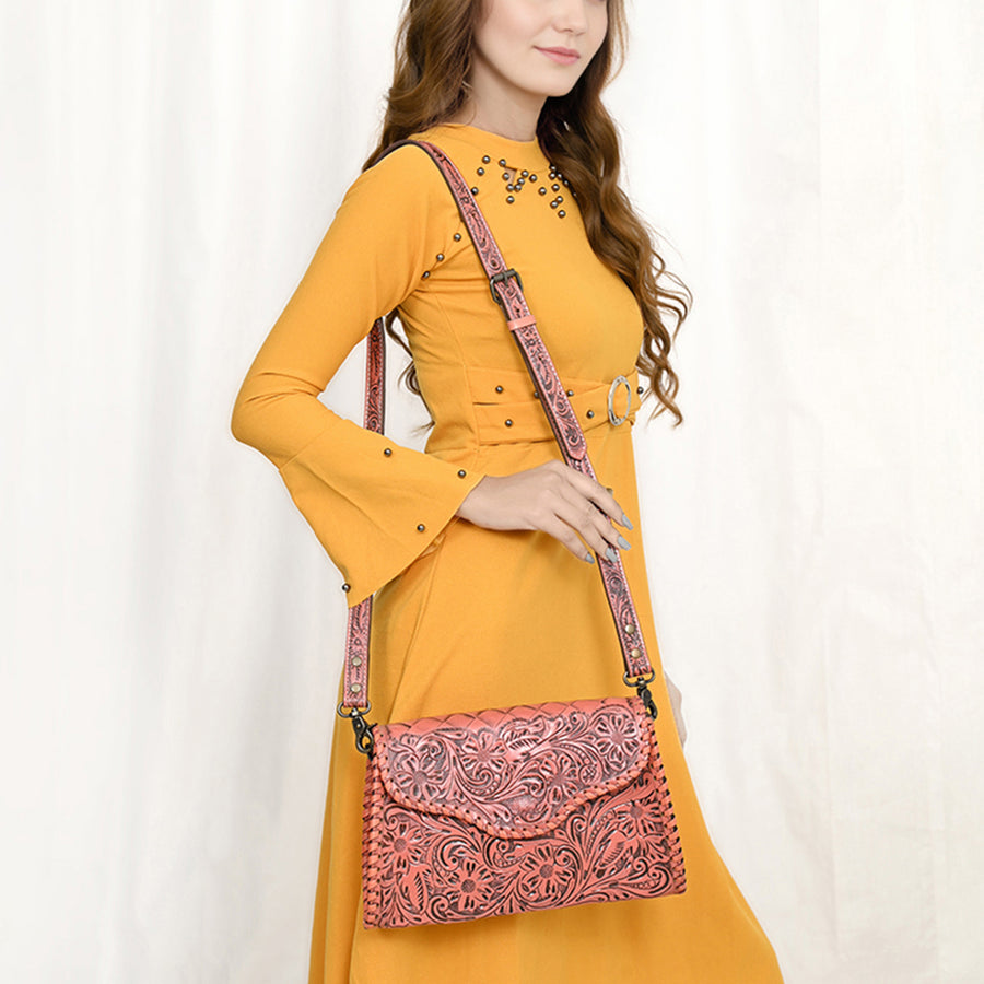 American Darling Western Leather Clutch Bag Hand Tooled Floral Carved Crossbody Purse with Whipstitch Detail