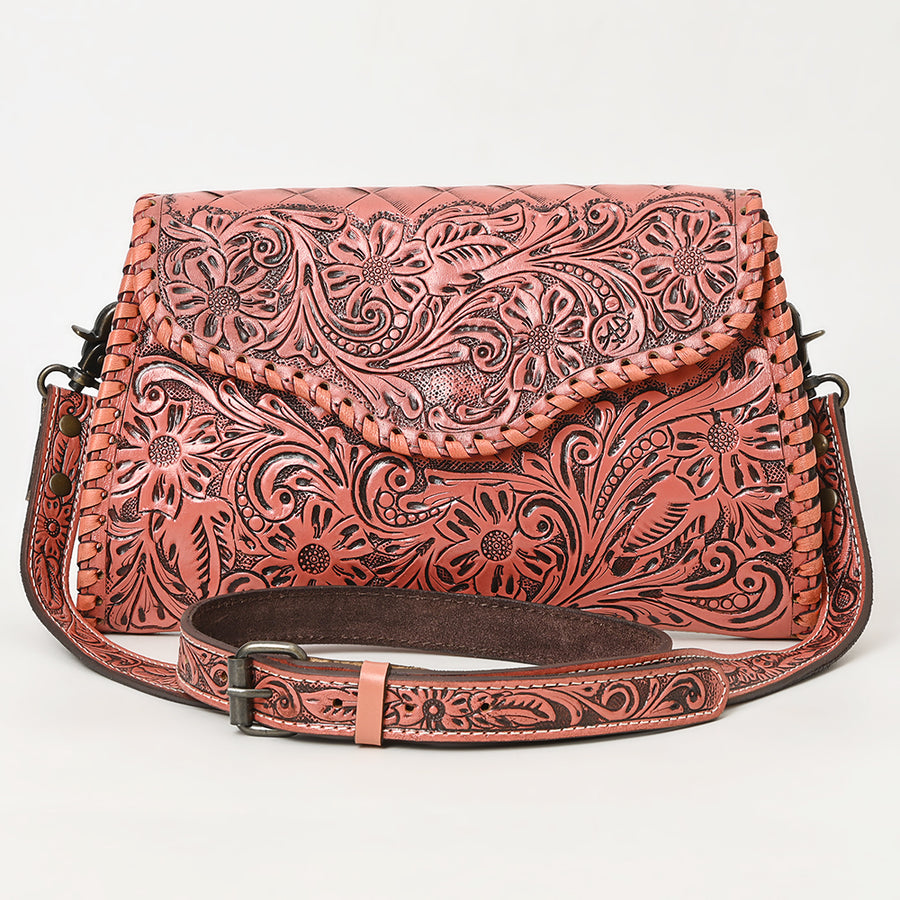 American Darling Western Leather Clutch Bag Hand Tooled Floral Carved Crossbody Purse with Whipstitch Detail