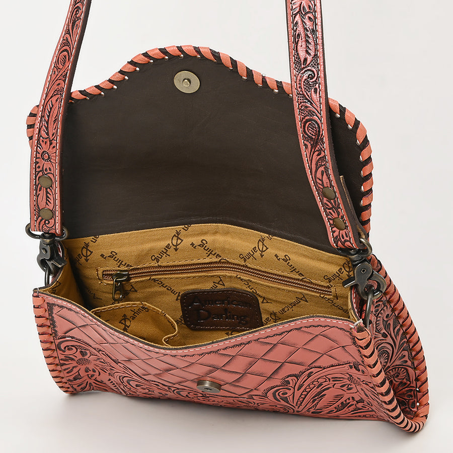 American Darling Western Leather Clutch Bag Hand Tooled Floral Carved Crossbody Purse with Whipstitch Detail