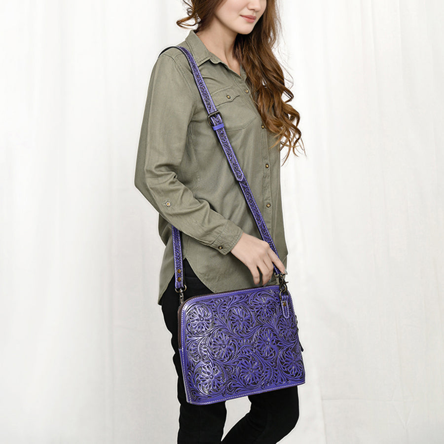 American Darling Western Crossbody Bag for Women Hand Tooled Floral Leather Purse with Adjustable Strap
