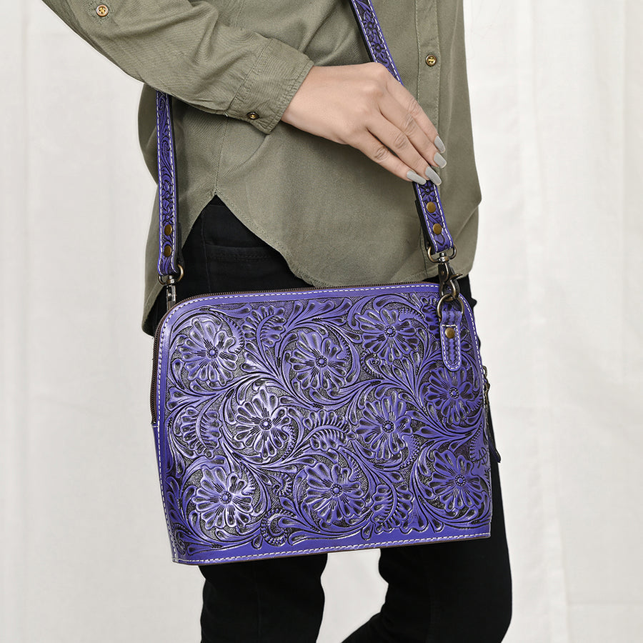 American Darling Western Crossbody Bag for Women Hand Tooled Floral Leather Purse with Adjustable Strap