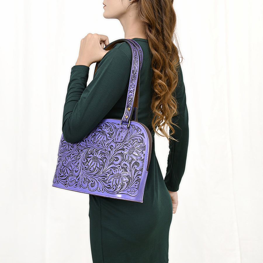American Darling Western Leather Tote Bag Hand Tooled Floral Carved Purse with Quilted Back & Tooled Straps for Women