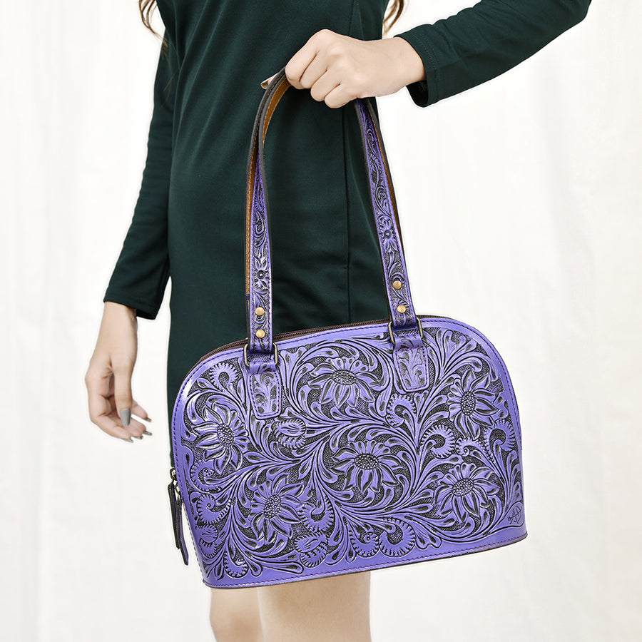 American Darling Western Leather Tote Bag Hand Tooled Floral Carved Purse with Quilted Back & Tooled Straps for Women