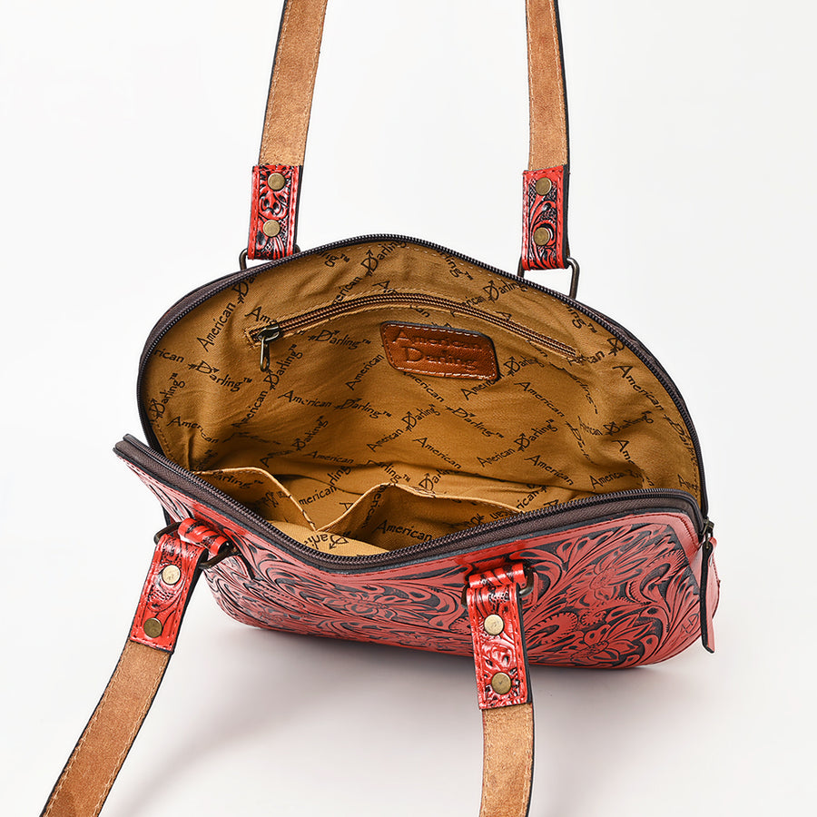 American Darling Western Leather Tote Bag Hand Tooled Floral Carved Purse with Quilted Back & Tooled Straps for Women