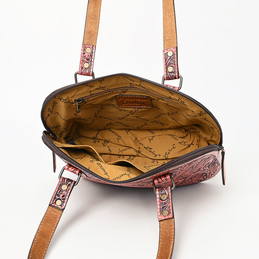 American Darling Western Leather Tote Bag Hand Tooled Floral Carved Purse with Quilted Back & Tooled Straps for Women