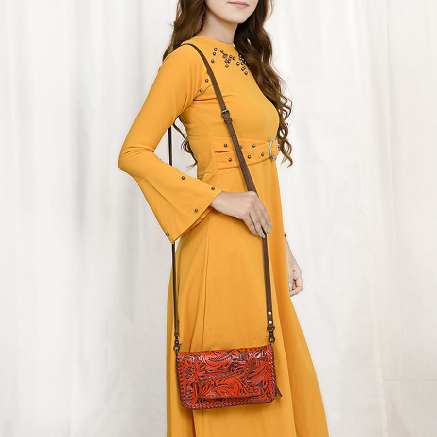 American Darling Western Hand-Tooled Leather Clutch Bag with Floral Carving and Premium Genuine Leather