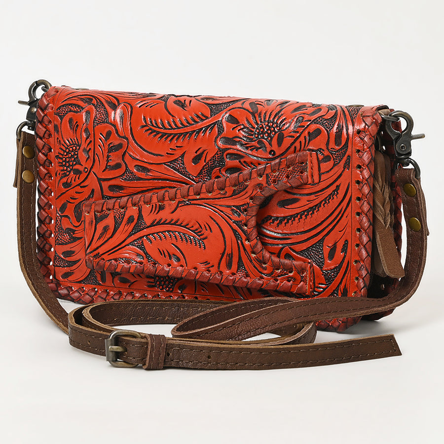 American Darling Western Hand-Tooled Leather Clutch Bag with Floral Carving - Uhorse