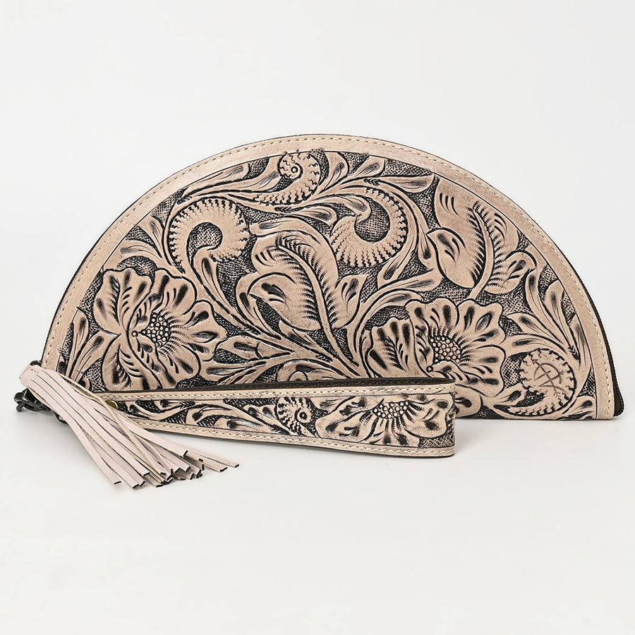 American Darling Western Hand-Tooled Leather Taco Bag for Women – Genuine Floral Carved Wristlet with Fringe Details