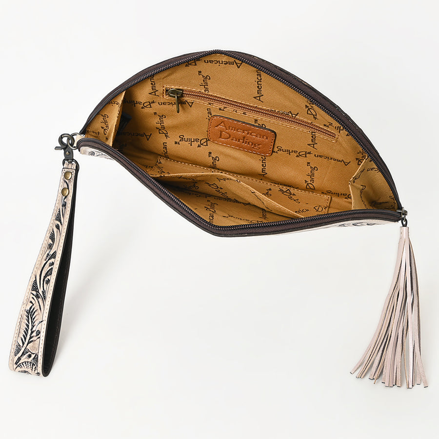 American Darling Western Hand-Tooled Leather Taco Bag for Women – Genuine Floral Carved Wristlet with Fringe Details