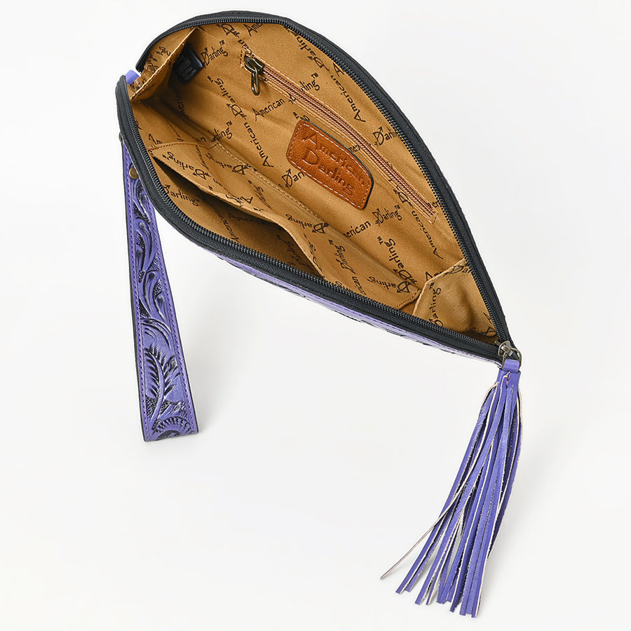 American Darling Western Hand-Tooled Leather Taco Bag for Women – Genuine Floral Carved Wristlet with Fringe Details