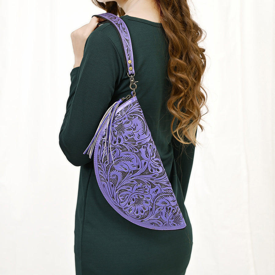 American Darling Western Hand-Tooled Leather Taco Bag for Women – Genuine Floral Carved Wristlet with Fringe Details