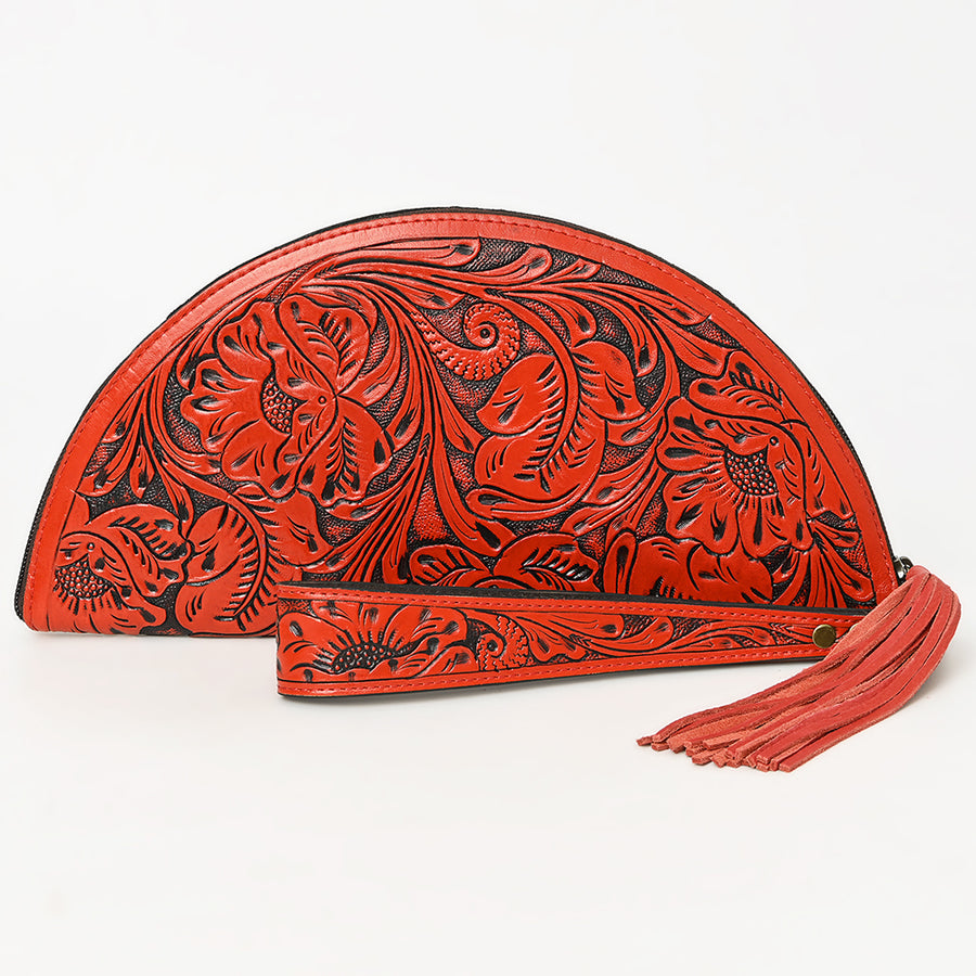 American Darling Western Hand-Tooled Leather Taco Bag for Women – Genuine Floral Carved Wristlet with Fringe Details