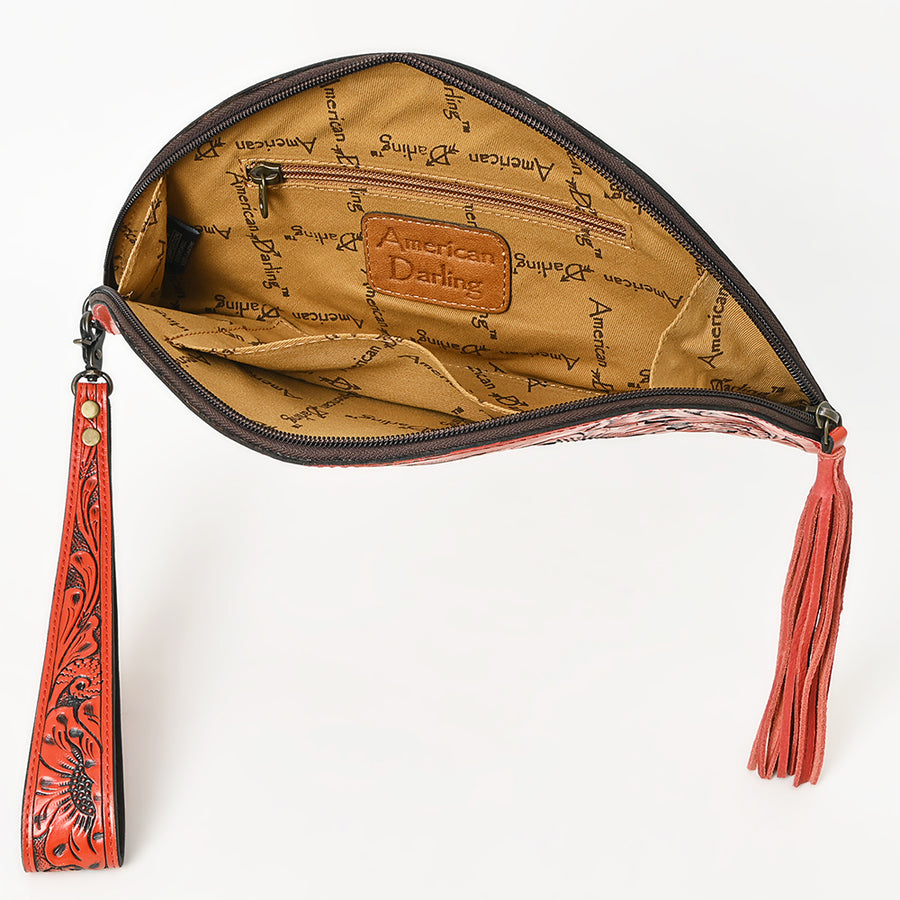 American Darling Western Hand-Tooled Leather Taco Bag for Women – Genuine Floral Carved Wristlet with Fringe Details