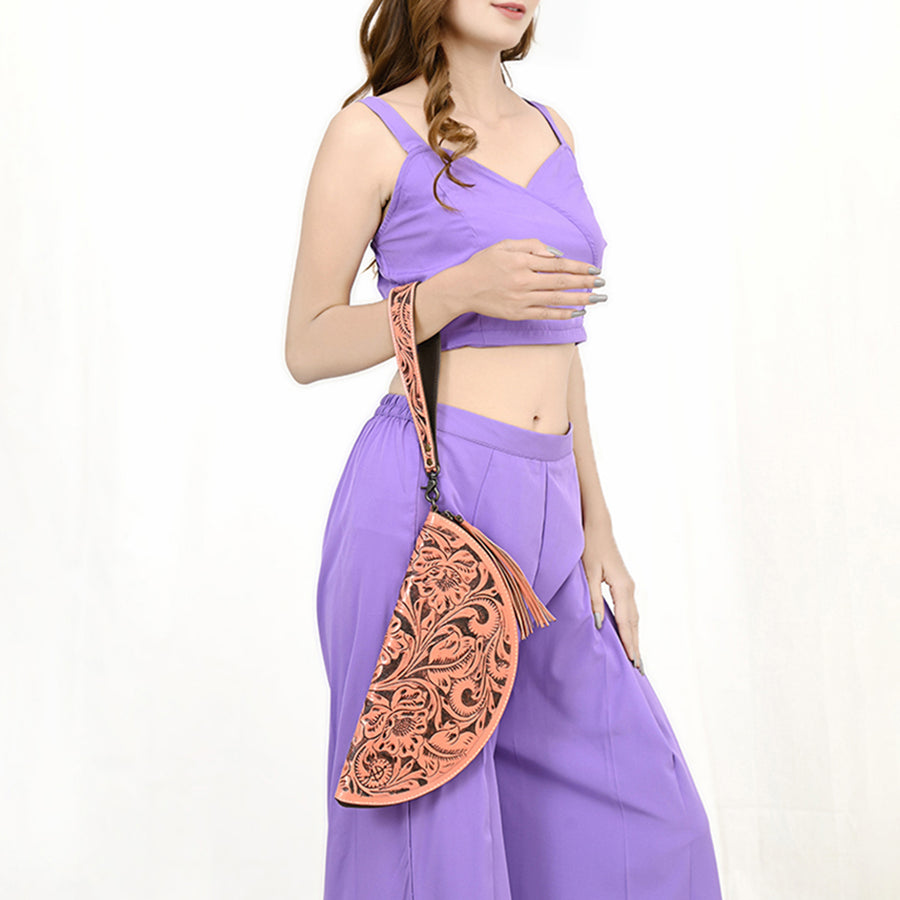 American Darling Western Hand-Tooled Leather Taco Bag for Women – Genuine Floral Carved Wristlet with Fringe Details
