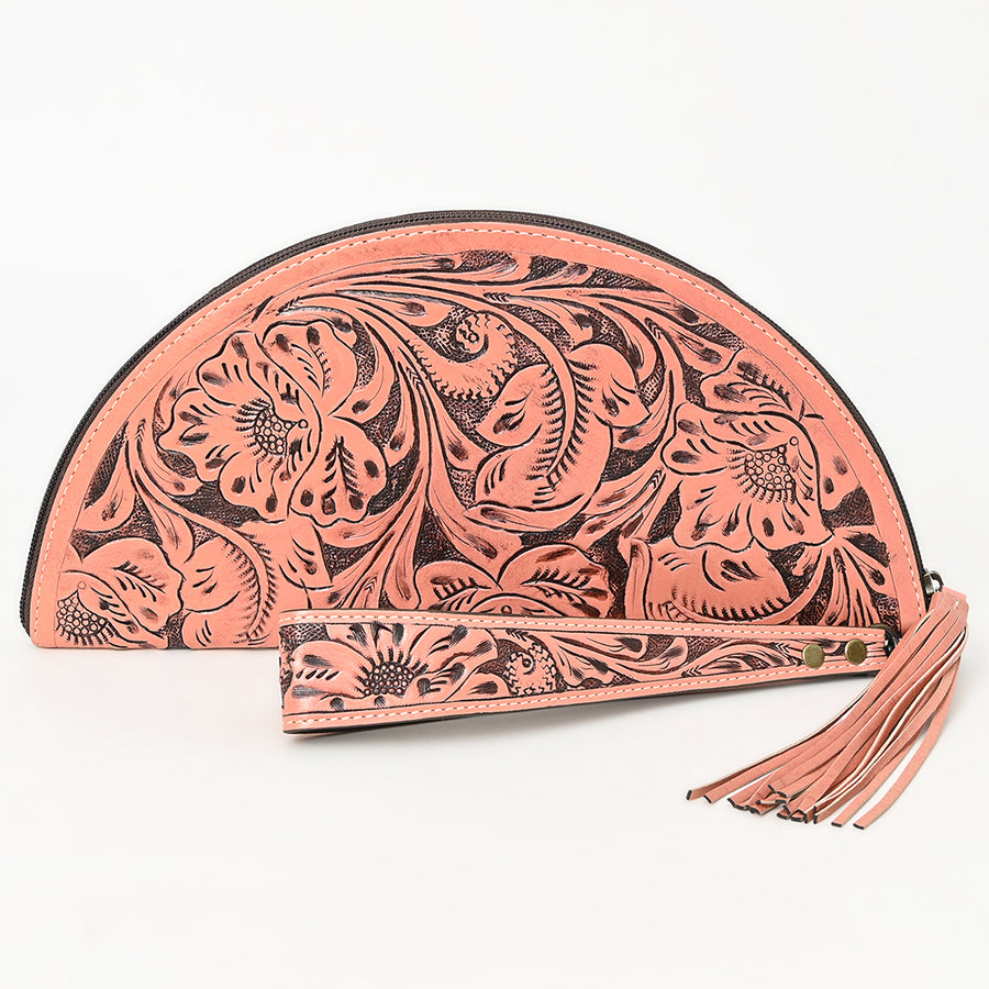 American Darling Western Hand-Tooled Leather Taco Bag for Women – Genuine Floral Carved Wristlet with Fringe Details