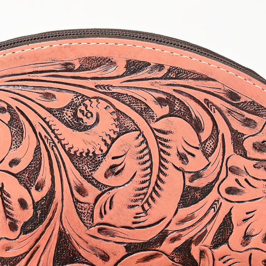 American Darling Western Hand-Tooled Leather Taco Bag for Women – Genuine Floral Carved Wristlet with Fringe Details