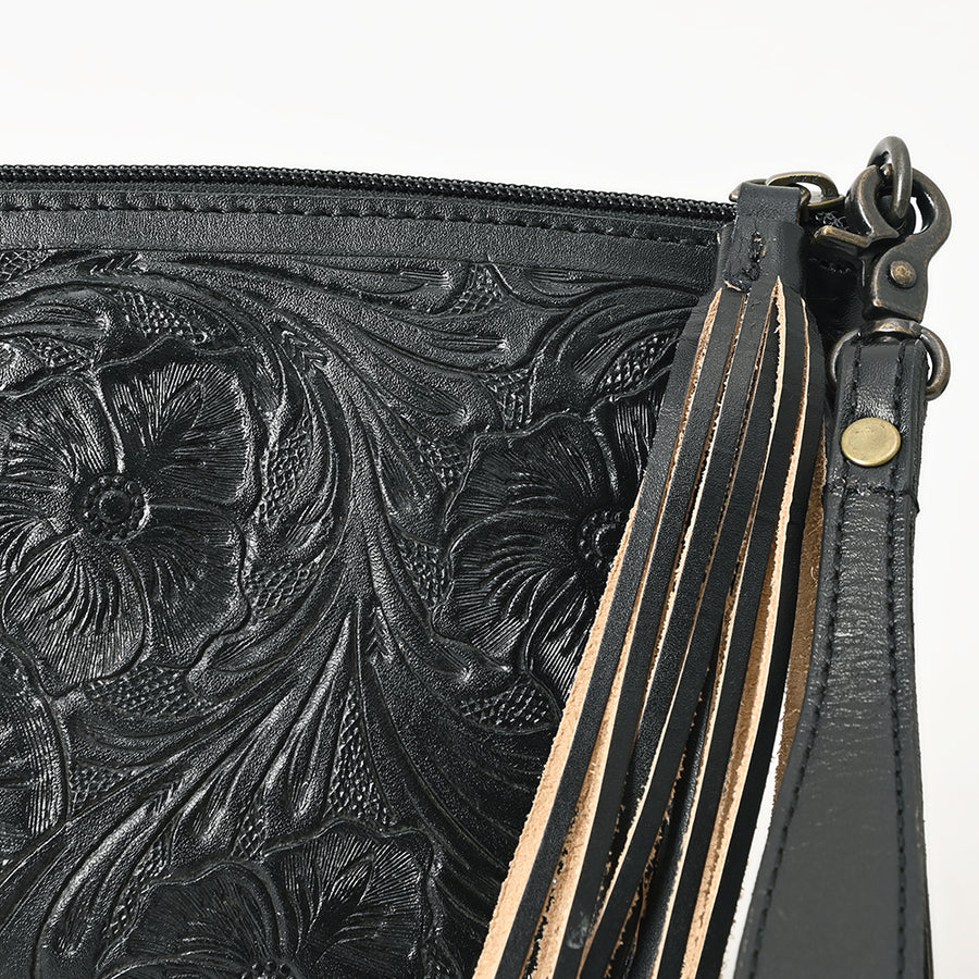 American Darling Western Hand-Tooled Leather Wristlet Bag – Genuine Floral Carved Women’s Clutch with Fringe Strap