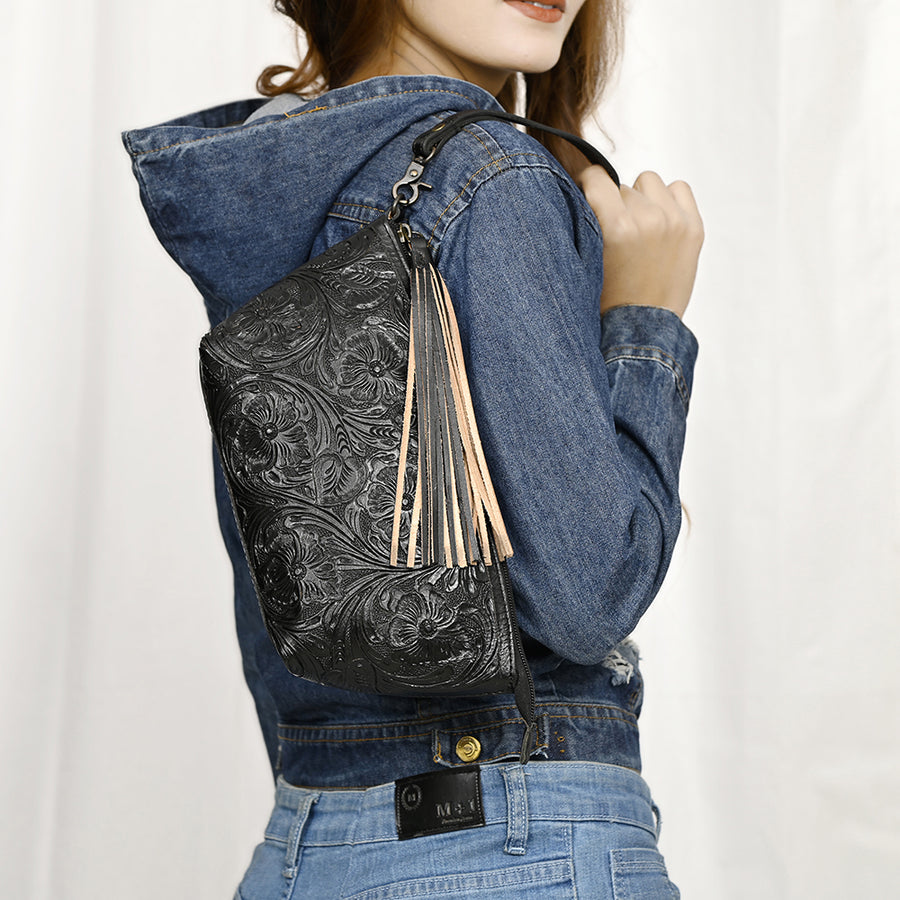 American Darling Western Hand-Tooled Leather Wristlet Bag – Genuine Floral Carved Women’s Clutch with Fringe Strap