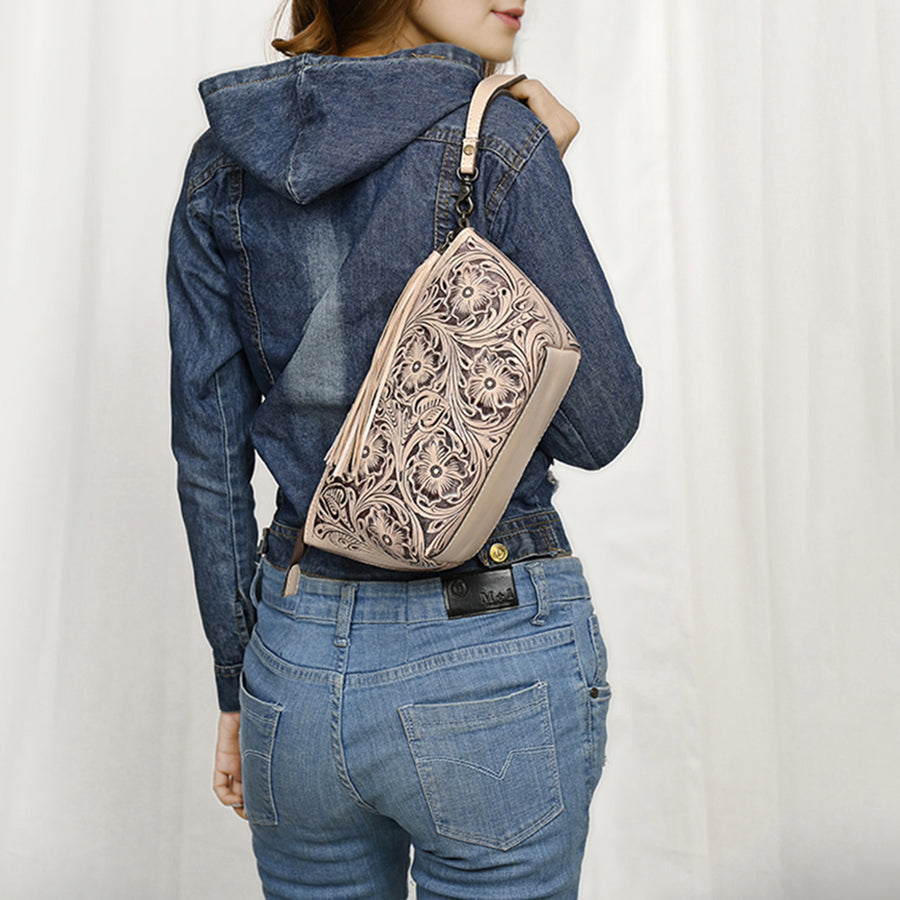 American Darling Western Hand-Tooled Leather Wristlet Bag – Genuine Floral Carved Women’s Clutch with Fringe Strap