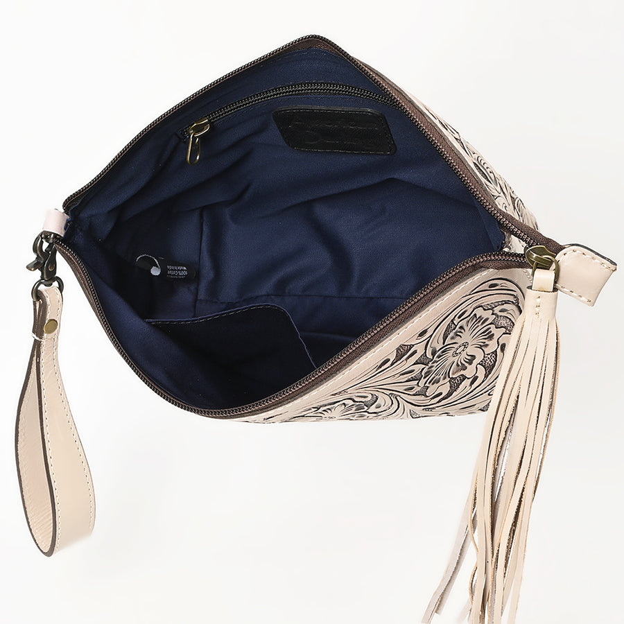American Darling Western Hand-Tooled Leather Wristlet Bag – Genuine Floral Carved Women’s Clutch with Fringe Strap