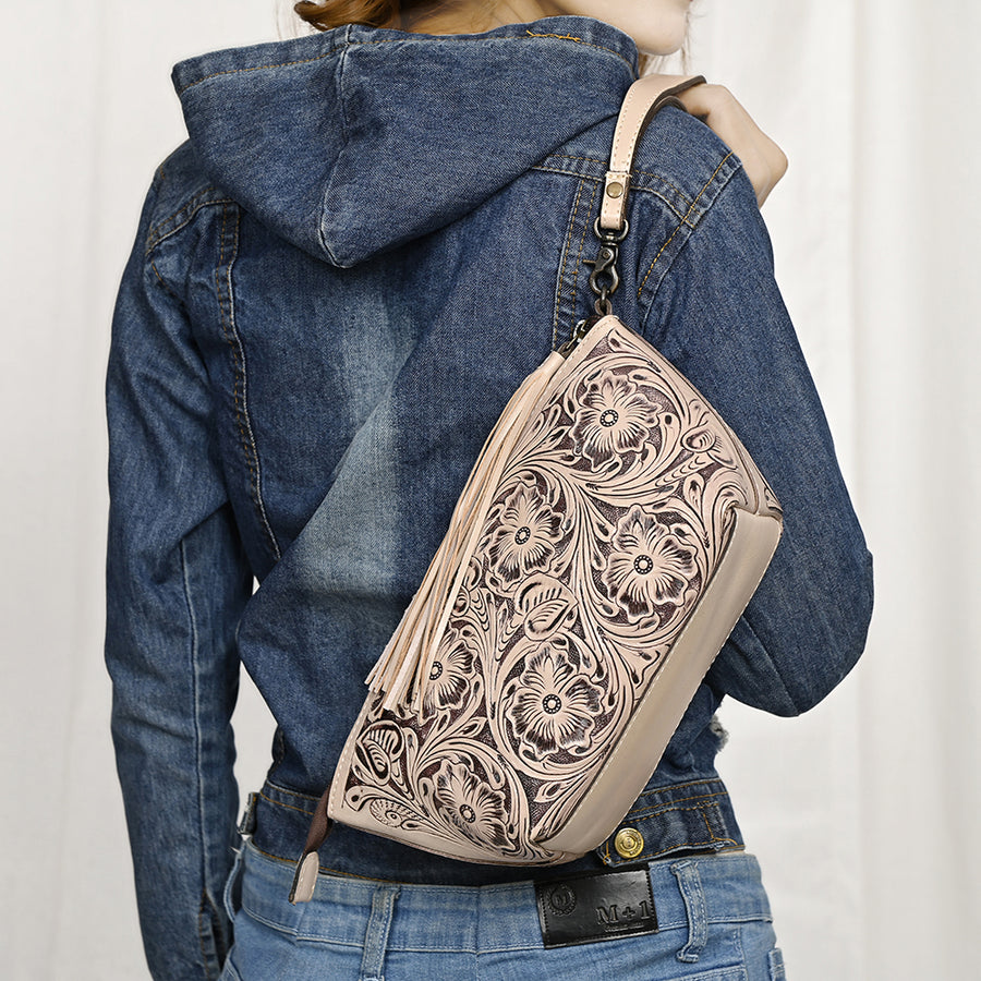 American Darling Western Hand-Tooled Leather Wristlet Bag – Genuine Floral Carved Women’s Clutch with Fringe Strap