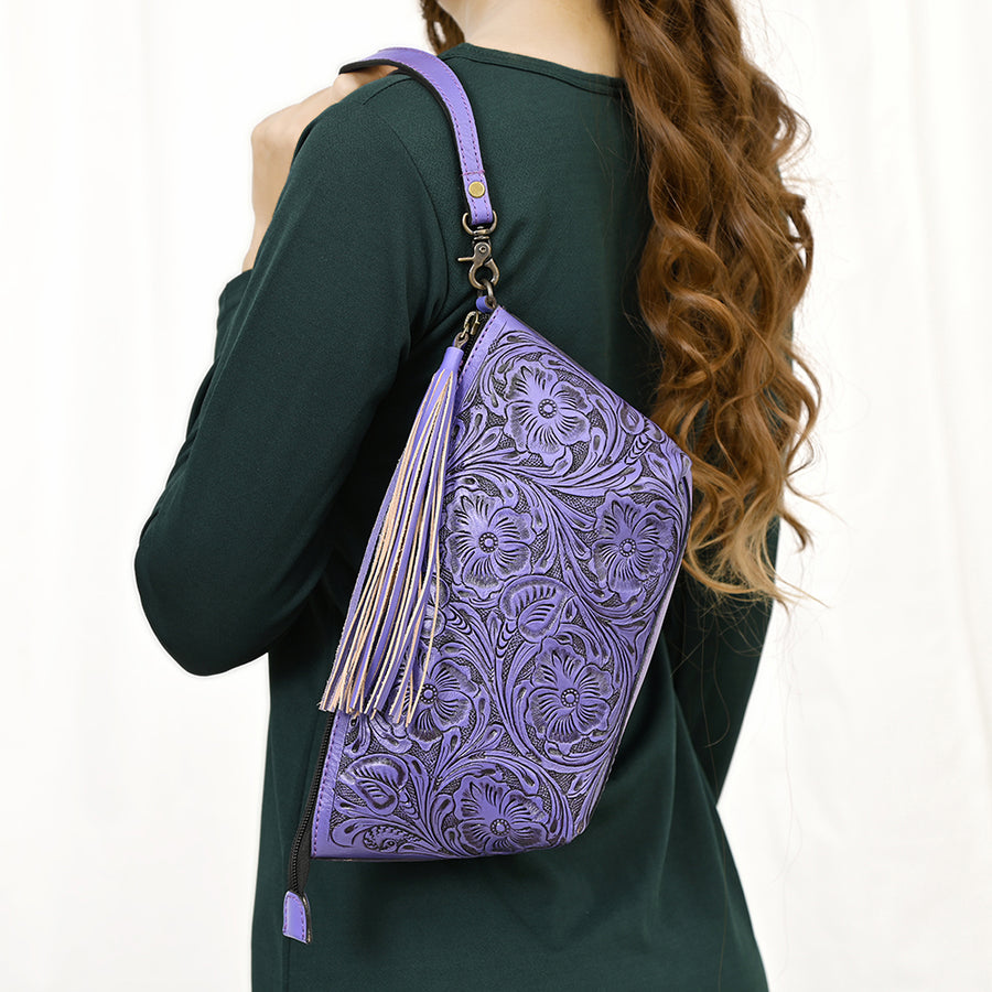 American Darling Western Hand-Tooled Leather Wristlet Bag – Genuine Floral Carved Women’s Clutch with Fringe Strap
