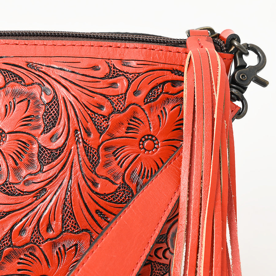 American Darling Western Hand-Tooled Leather Wristlet Bag – Genuine Floral Carved Women’s Clutch with Fringe Strap