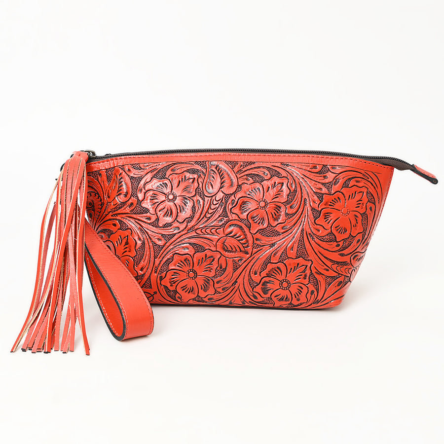 American Darling Western Hand-Tooled Leather Wristlet Bag – Genuine Floral Carved Women’s Clutch with Fringe Strap