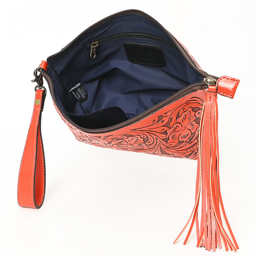 American Darling Western Hand-Tooled Leather Wristlet Bag – Genuine Floral Carved Women’s Clutch with Fringe Strap