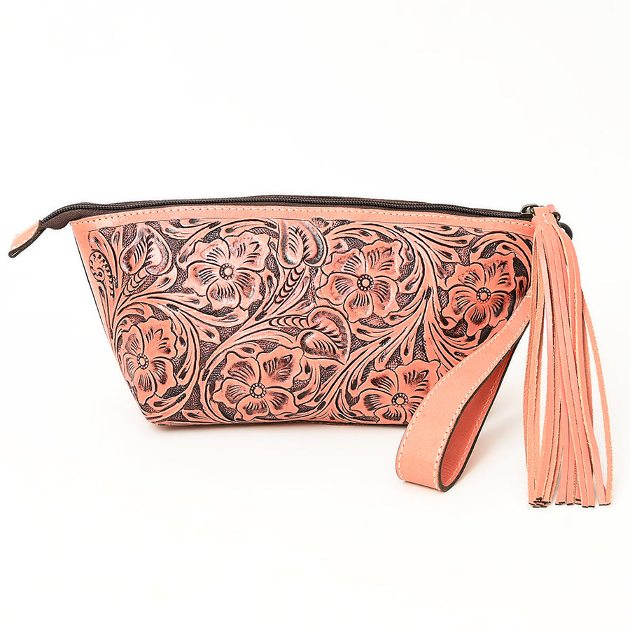 American Darling Western Hand-Tooled Leather Wristlet Bag – Genuine Floral Carved Women’s Clutch with Fringe Strap