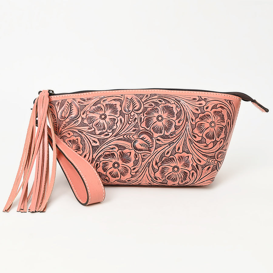 American Darling Western Hand-Tooled Leather Wristlet Bag – Genuine Floral Carved Women’s Clutch with Fringe Strap