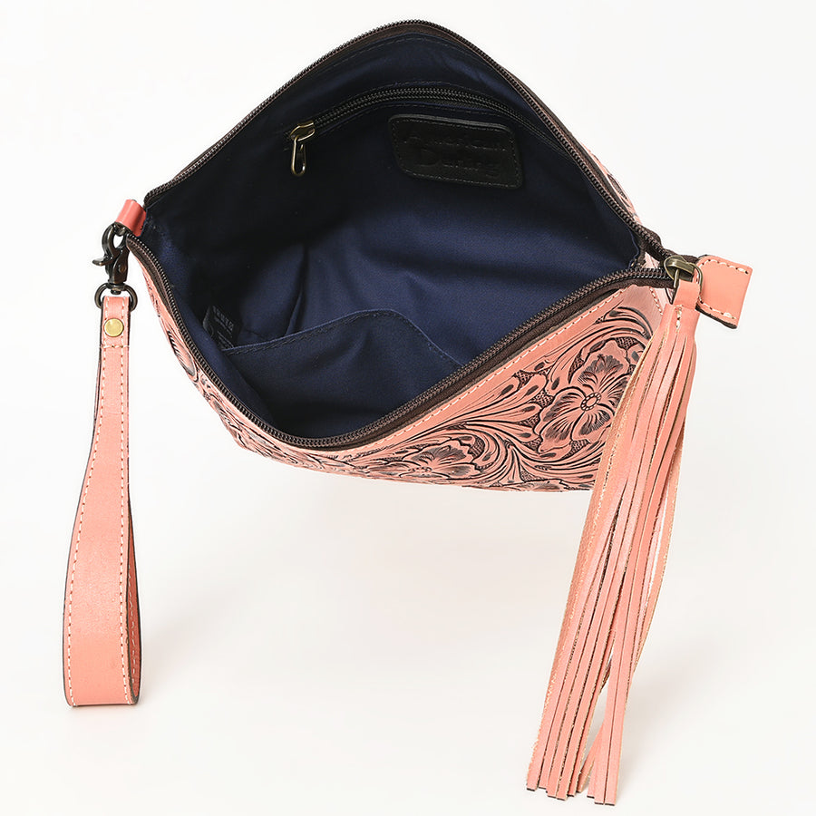 American Darling Western Hand-Tooled Leather Wristlet Bag – Genuine Floral Carved Women’s Clutch with Fringe Strap