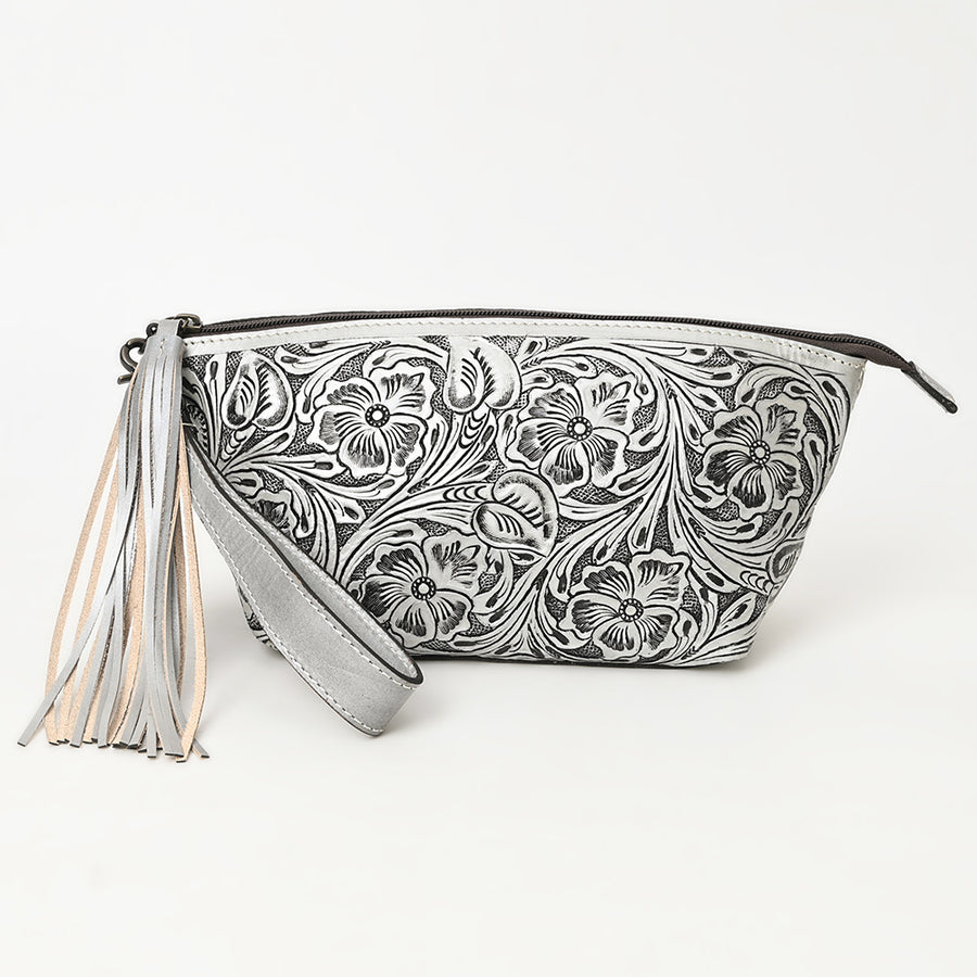 American Darling Western Hand-Tooled Leather Wristlet Bag – Genuine Floral Carved Women’s Clutch with Fringe Strap