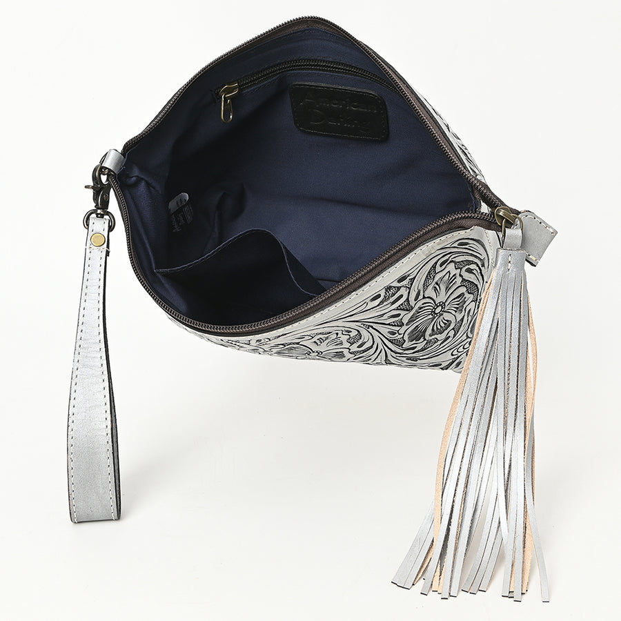 American Darling Western Hand-Tooled Leather Wristlet Bag – Genuine Floral Carved Women’s Clutch with Fringe Strap