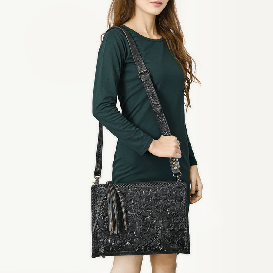 American Darling Western Hand-Tooled Leather Crossbody Bag – Genuine Floral Carved Women’s Purse with Strap and Fringe Detail