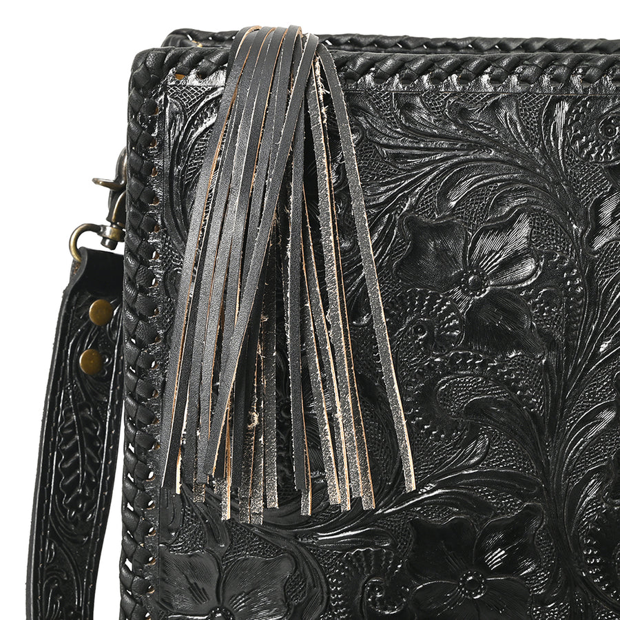 American Darling Western Hand-Tooled Leather Crossbody Bag – Genuine Floral Carved Women’s Purse with Strap and Fringe Detail